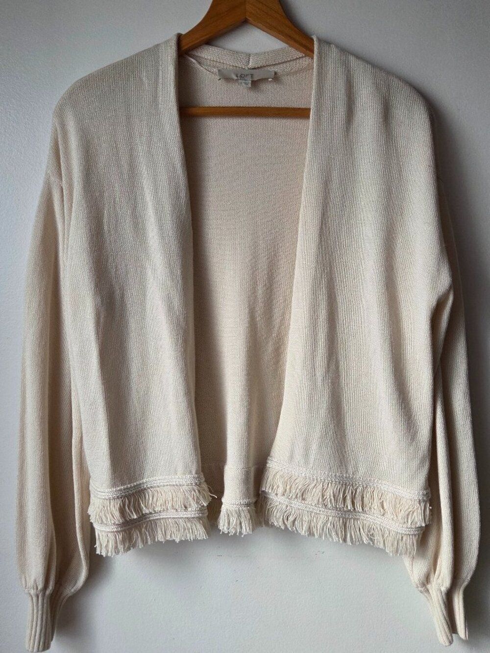 EUC LOFT CREAM FRINGED COTTON BLEND OPEN BOXY CARDIGAN SWEATER SIZE S